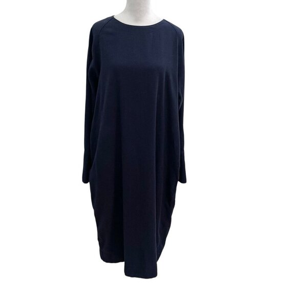MUJI Flannel Long Sleeve Midi Dress Minimalist Pockets Navy Blue size M/L - Picture 1 of 9
